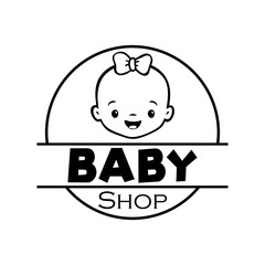 Concepto tienda de moda infantil. Logotipo lineal con texto Baby Shop en círculo con cara de bebé chica sonriendo en color negro