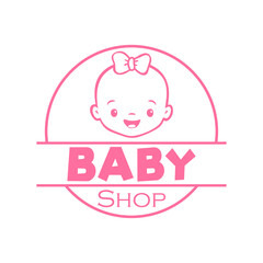 Concepto tienda de moda infantil. Logotipo lineal con texto Baby Shop en círculo con cara de bebé chica sonriendo en color rosa
