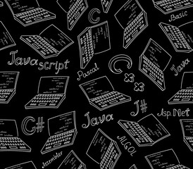 Vector seamless background with hand drawn laptops and handwritten names of programming languages. You can use any color of background
