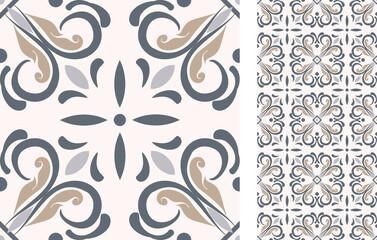 Seamless Azulejo tile. Portuguese and Spain decor. Islam, Arabic, Indian, Ottoman motif. Vector Hand drawn background