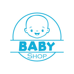 Concepto tienda de moda infantil. Logotipo lineal con texto Baby Shop en círculo con cara de bebé chico sonriendo en color azul