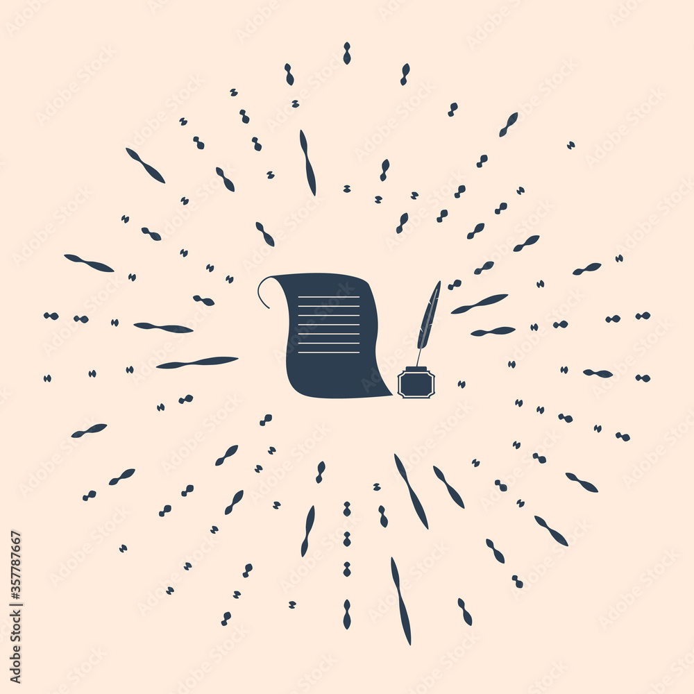 Poster black feather in the inkwell and paper scroll icon isolated on beige background. abstract circle ran