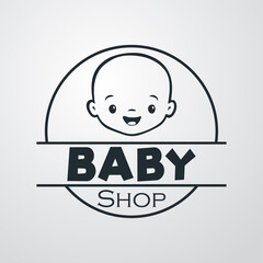 Concepto tienda de moda infantil. Logotipo lineal con texto Baby Shop en círculo con cara de bebé chico sonriendo en fondo gris