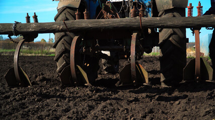 The tractor cultivates and cuts furrows in the field. Tractor work in the black soil field in the...