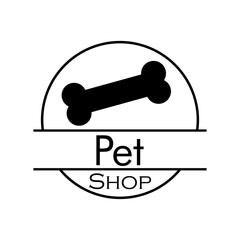 Concepto tienda de mascotas. Logotipo lineal con texto Pet Shop en círculo con hueso para perros en color negro