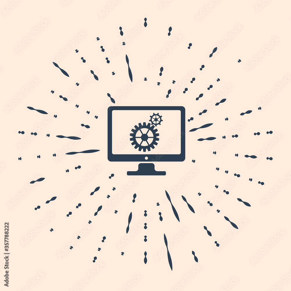 Poster black computer monitor and gears icon on beige background. monitor service concept. adjusting app, s