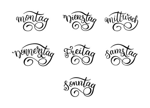 Lettering in German, days of the week - Monday, Tuesday, Wednesday, Thursday, Friday, Saturday, Sunday. Handwritten words for calendar, weekly plan, organizer.
