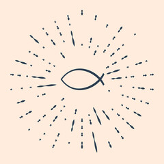 Black Christian fish symbol icon isolated on beige background. Jesus fish symbol. Abstract circle random dots. Vector Illustration