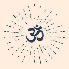 Black Om or Aum Indian sacred sound icon isolated on beige background. Symbol of Buddhism and Hinduism religions. The symbol of the divine triad of Brahma, Vishnu and Shiva. Vector Illustration - obrazy, fototapety, plakaty