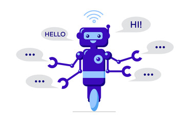 Chatbot with speech bubble isolated on white background. Chatbot business concept. Cute robot icon for support service. Vector flat illustration. Design for banner, landing page, site.