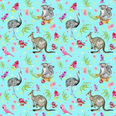 Australian animals, seamless pattern for fabric .watercolor hand painting © mitrushova