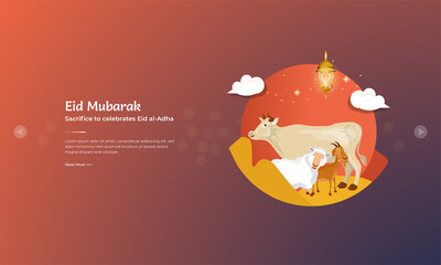 Muslim holiday Eid al Adha mubarak with cow, goat and sheep character