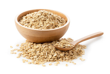 Oatmeal and wooden spoon on a white background