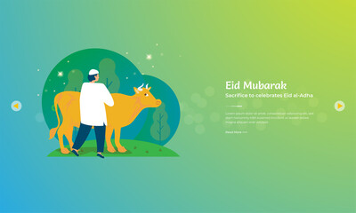 Eid al Adha greeting concept with Muslim characters sacrifice cattle