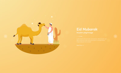 Eid al Adha greeting concept with muslims and camels character