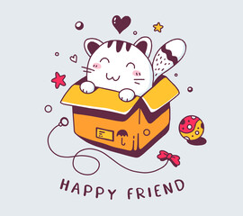 Lovely happy kitten as present. Vector color illustration of cartoon cat in box with toy on gray background.