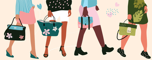 Set of four pairs female legs and hands with different types of trendy handbags.Hand drawn vector illustration in pastel colors.Different ethnicities poster.Banner for fashion boutique or shopping