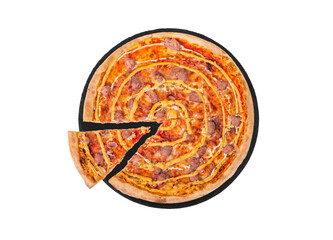 Italian salsiccia pizza with beef sausages, mozzarella, various sauces and marinated red onions, with a slice slightly removed on slate black platter, isolated on white background, top view