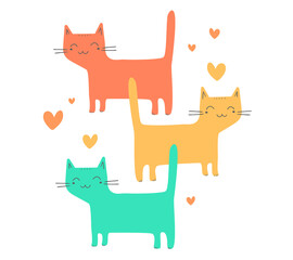 Lovely happy kittens stand on white background with hearts. Vector illustration of different color cartoon cats set.