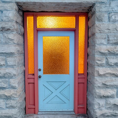 Square crop Frosted glass panes on the front door sidelights and transom window of home