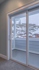 Vertical crop View through glass doors of winter snow