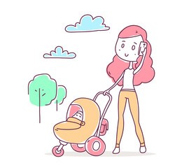 Vector illustration of beautiful happy girl in pants walking with baby in a stroller and talking on the phone.