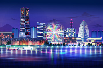 yokohama japan blue light night cityscape illustration - obrazy, fototapety, plakaty