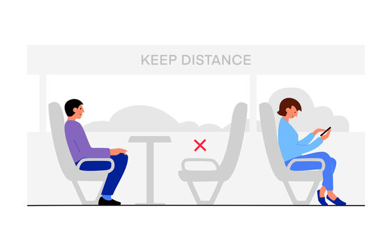 Vector flat illustration man and woman using transportation, train, bus. Keep distance after pandemic corona virus. New normal, social distancing concept. Design for banner,  landing page 