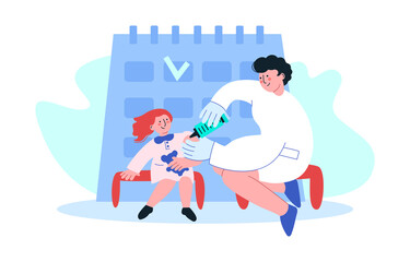 Female doctor with syringe vaccinate children, calendar. Vector flat cartoon illustration vaccination concept. Design for landing page, template, ui ,web, homepage, poster, banner, flyer