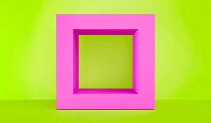 Backgraund for children's and sporting goods. A bright pink cube on a neon green background. 3D rendering.