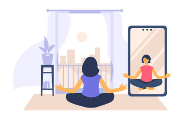 Female cartoon character practicing yoga and fitness, healthy lifestyle, online workout at home. Online workout concept. Vector flat illustration for landingpage, banner, web site