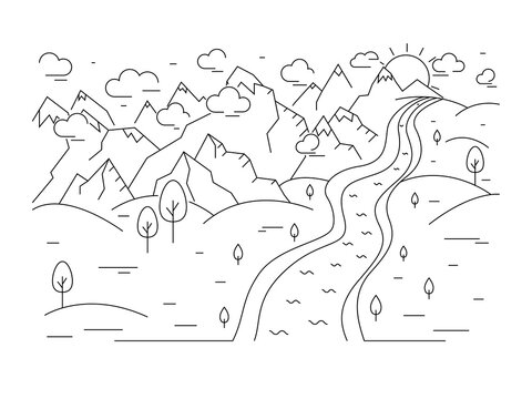 Mountains and Hills Concept Contour Linear Style. Vector
