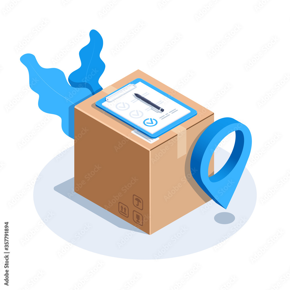 Poster isometric vector image on a white background, the location icon next to the box and a document confi