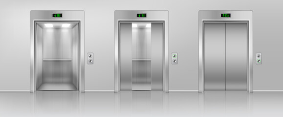 Realistic Detailed 3d Metal Passenger Elevator Set. Vector