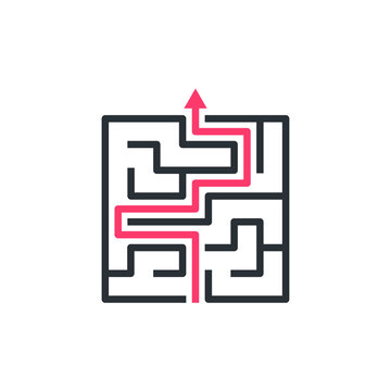 flat vector image on white background, maze icon with red arrow