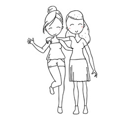 Vector illustration of beautiful happy hugging two girls in summer clothes isolated on white background. Hand drawn flat line art style girl without color