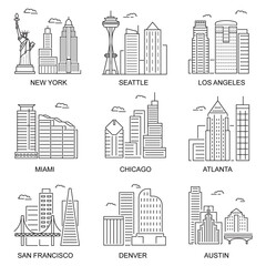 Usa Cities Sign Contour Linear Icon Set. Vector