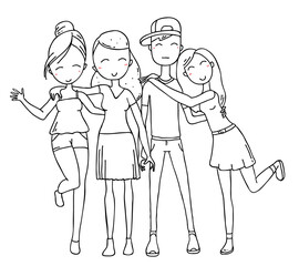 Vector illustration of happy hugging posing boy in a cap with girls on white background.