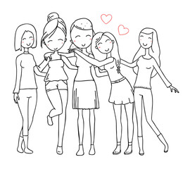 Vector illustration of happy hugging posing people group. Young girls in summer clothes on white background.
