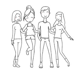 Vector illustration of happy hugging posing boy and cute girls on white background.