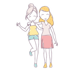 Vector illustration of beautiful happy hugging two girls in summer clothes isolated on white background.