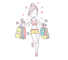 Vector illustration of beautiful girl with color shopping bags and hearts.