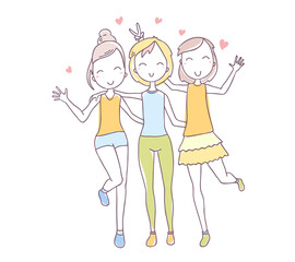 Vector illustration of beautiful happy hugging three color girls with hearts.