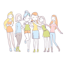 Beautiful happy hugging girls stand together on white background. Vector illustration of group of young girls.