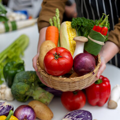 Hands holding basket of several fresh farm vegetables while standing at table with other fresh vegetables
