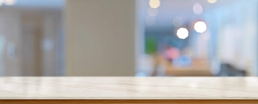 Empty marble counter, copy space with blurred background