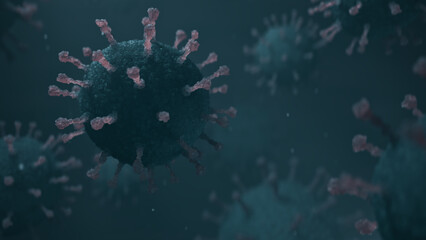 Fototapeta na wymiar Coronavirus COVID-19 bacteria. Microscopic close-up view with depth of filed. Pneumonia, flu, disease, infection. Realistic 3D rendering illustration.