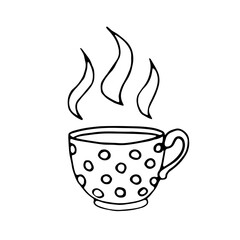 Outline Polka dot Cup. Mug with steam from a hot drink. Hand drawn simple kitchen supplies. Vector illustration isolated on white background