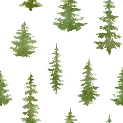 Watercolor seamless pattern with Blue foggy forest. Evergreen fir trees. Hand drawn background with landscape. Natural, ecological, tourism and hiking theme