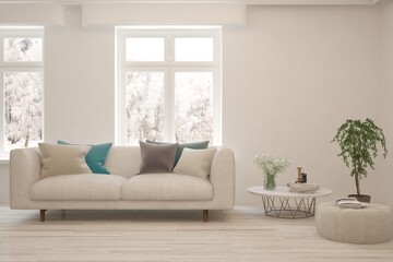 White living room with sofa and winter landscape in window. Scandinavian interior design. 3D illustration